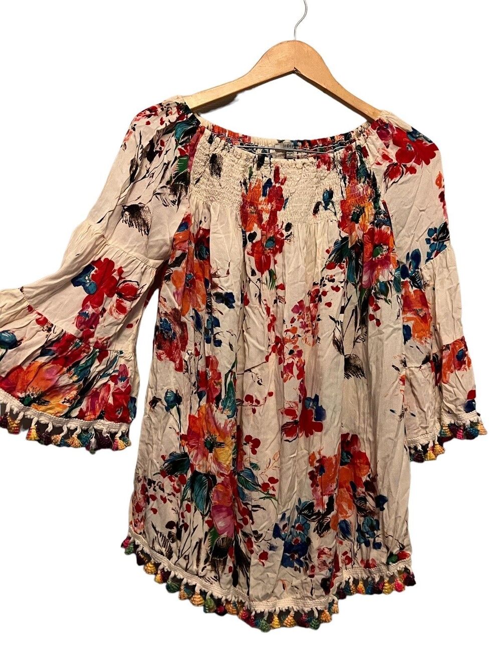 Jodifl floral flare sleeves Pom Pom Accents Multi Color Top Shirt Womens size M